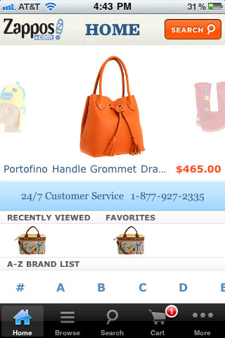 Zappos Mobile Homepage & Search Options