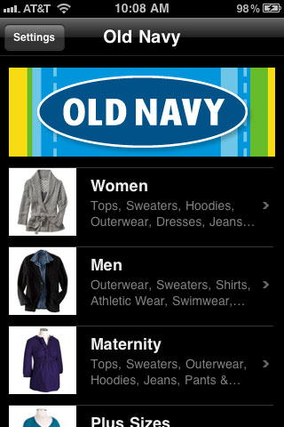 Old Navy Product Category Screen