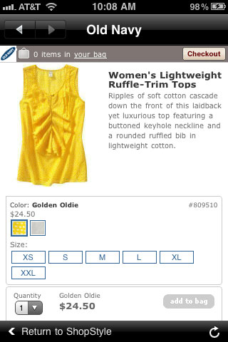 Old Navy Mobile Product Detail Page