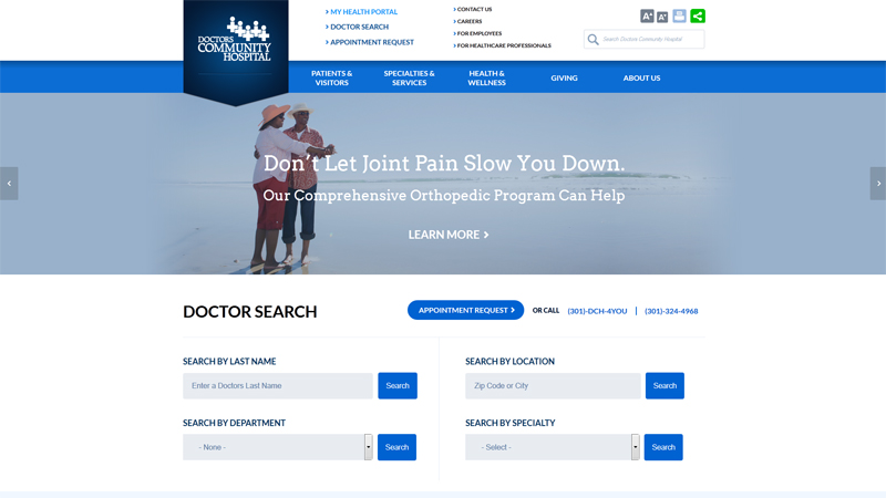 Doctors Community Hospital Web Design with Blue CTA and Accents