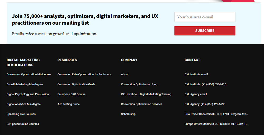 ConversionXL email sign up in footer