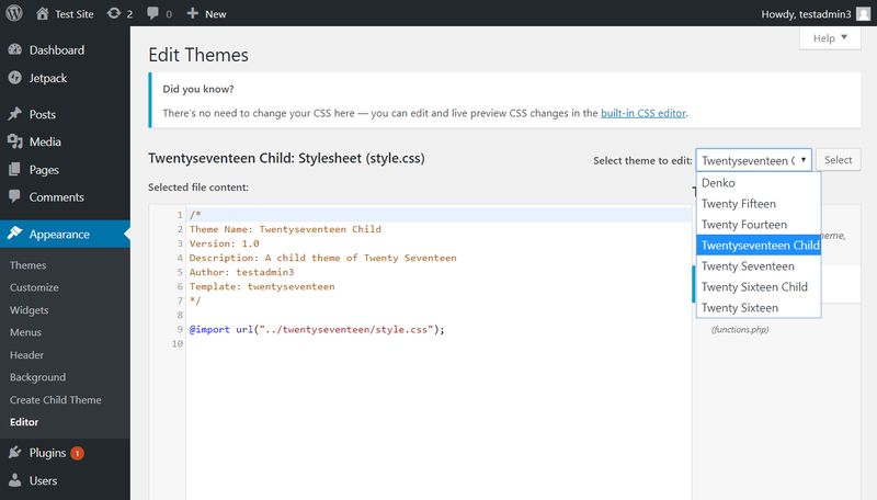 WordPress Theme Editor Select Child Theme