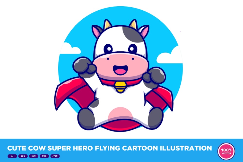 Cute Cow Super Hero Flying Cartoon Illustration